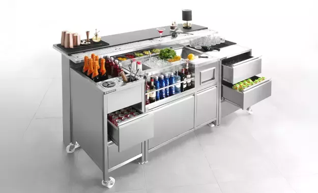 BARMATIC OXYGEN modular professional bar station system for cocktail bars, restaurants, hotels and HoReCa. The professional bartender workstation combines the APERITIF OXYGEN cocktail station, OXYGEN full-drawer storage module and BOSTON CADDY auxiliary bar module. The modular bar furniture provides organised working areas for ice, bottles, beverages, cocktail ingredients, garnishes, GN containers and bartender tools, creating an ergonomic commercial bar workstation for efficient cocktail preparation and professional beverage service.